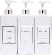 HARRA HOME Modern Gold Design Pump Bottle Set 27 oz Refillable Shampoo and Conditioner Dispenser Empty Shower Plastic Bottles with Pump for Bathroom Lotion Body wash, Pack of 3 (White & Silver)