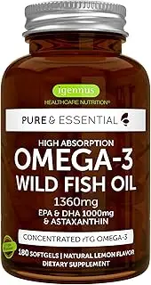 Pure & Essential High Absorption Omega-3 Wild Fish Oil 1360mg, EPA DHA 1000mg & Astaxanthin 1mg, Lemon Flavor, 180 Capsules