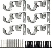 Shonmogar Double Curtain Rod Bracket 6 Pack Metal Curtain Rod Holders for Wall Sturdy Curtain Bracket for 1 Inch Curtain Rod Silver Wall Mounted Curtain Rod Hooks for Bedroom Living Room Patio