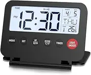 AMIR Digital Travel Alarm Clock, Foldable Calendar Temperature Timer Clock with LCD Display, Snooze, 12/24H, Countdown Function, Battery Operated Desk Clock for Travel, Home, Office, Bedroom, Black