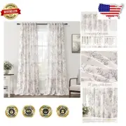 Elegant 95” Light Filtering Linen Curtains with Black Floral Print, 2 Panels Set