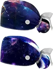 [WOSHJIUK] Working Hat 2 Pack Scrub Caps for Women,Planet Space Nebula,Tie Back Cap Adjustable Scrub Hat