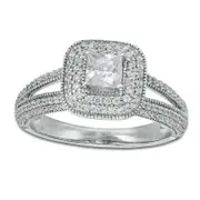 1.0 CT. T.W. Princess-Cut Natural Diamond Double Cushion Frame Antique Vintage-Style Engagement Ring in Solid 14K White Gold