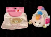 NEW-2PC Set -MY 1st VALENTINES DAY Pink Bib & 6” Pink Pig Unicorn Plush Animal
