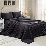 T Tersely 4 Piece Satin Bed Sheets Queen Size Black Satin Bed Sheet Set,Deep Pocket Silky Satin Sheet Set with 1 Fitted Sheet, 1 Flat Sheet and 2 Pillow Cases- Wrinkle, Fade, Stain Resistant (Black)
