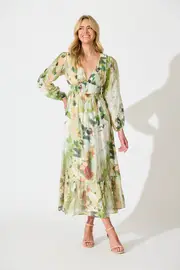 Women's Party So Devine Midi Dress Full Length Sleeve in Multi Green Cotton Blend 8