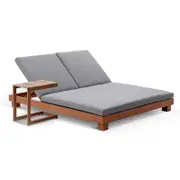 Santorini Double Sun Lounge In Teak Look Aluminium With Sunbrella Cast Slate With Slide Under Side Table