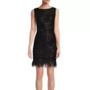 Adrianna Papell black sequin feathers sheath cocktail dress size 12