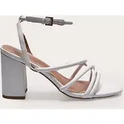 White PU Round Toe Multi Strap Block Heeled Sandals, White