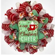 Have A Cup of Christmas Cheer Holiday Wreath Handmade Deco Mesh