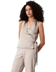 [Calvin Klein] Viscose Linen Blend Wrap Top in Sand Pebble