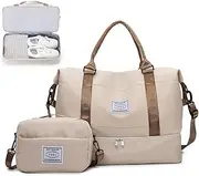 [SEPYIQI] Travel Duffel Bags,Weekender Bags for Women&Men with Shoe Compartment,Large Capacity Travel Overnight Bags with Toiletry Bag,Carry on Bag for Travel, Gym,Hospital,Weekend. (Khaki)