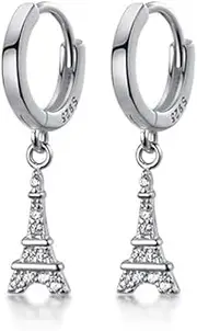 [Izpack] Fashion Eiffel Tower Dangle Drop Hoop Earrings S925 Sterling Silver Cubic Zirconia Crystal Dangling Charm Round Huggie Hoops Earring 10mm Studs Cute Jewelry Gifts for Women Sensitive Ears, Crystal,
