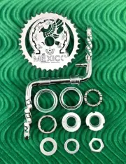 4 1/2" TWISTED 1 PIECE CHROME BICYCLE CRANK W/ MEXICO TEAM CLUB SPROCKET & B.B
