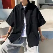 Short Sleeve Pocket Front Plain Oversized Shirt Black - M