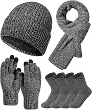 [Jeere] Winter Beanie Hat Gloves Scarf Set for Men, Warm Fleece Knitted Hat Scarf Touchscreen Gloves and Wool Socks