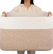 OIAHOMY 108L Extra Large Blanket Basket, 25”x16”x16” Laundry Basket, Blanket Storage for Living Room, Dog Toy Storage with Handle - Brown & White