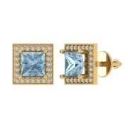 2.3ct Princess Cut Round Cut Halo Swiss Topaz Stud Earrings 14k Yellow Gold
