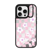 iPhone 16 Pro Mirror Ring Stand Case MagSafe Compatible Pink Checkered Flowers