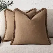 Set of 2 Decorative Linen Fringe Throw Pillow 18" x 18" (Pack of 2) Brick