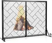 Giantex 113cm x 85cm Double-Door Fireplace Screen, 2-Panel Large Flat Wrought Metal Fire Spark Guard Gate Cover for Home, Decorative Mesh Fire Place Safety Fence w/Magnetic Doors (Black)