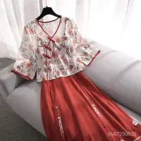 在飛比找蝦皮商城精選優惠-短袖連衣裙中國風 民族風套裝 夏季中國風套裝女 熱賣爆款大碼
