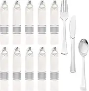 10 Pack Plastic Cutlery Set, Elegant Plastic Silverware Set, Reusable Flatware Set, Tableware Party Cutlery, Camping Cutlery Combo with Spoon Knife Fork Sets Wrapped in White Napkin (Silver)