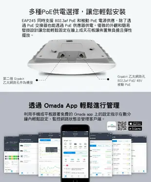 (活動1)(可詢問訂購)TP-Link EAP245 AC1750無線雙頻MU-MIMO Gigabit PoE吸頂式基地台(乙太網路 AP)