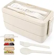 Yirochan 3 Layer Bento Box for Adults, 4-in-1 Meal Prep Container with Fork & Spoon, 1000ml Food Storage for Men Women Student School Office, Microwave Dishwasher Safe Available (Beige)