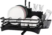 Dish Drying Rack –Aluminum Kitchen Dish Rack with Drain Board, 360° Rotating Dish Drainer with Drainage, Utensil Holder, Cup Holder, Drying Rack for Kitchen Counter - [Upgraded] (Black)