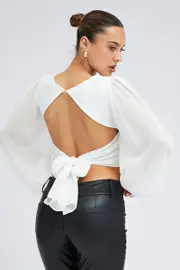 White Crop Top Long Balloon Sleeve Backless Plunge Top - Size 14, Women's Crop Top