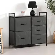 [Sherwood] Luna Chest of 5 Drawers Lowboy Fabric Dresser, Height Levelers Cabinet Organiser, Metal Steel Frame Easy Assembly Lightweight Sturdy Wooden Top Home Storage Unit - 80x30x81.5cm (Charcoal)