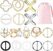 [Hoteam] 16 Pcs Scarf Ring Clip Tshirt Tie Clips for Women Fashion Metal Round Circle Clip Buckle Clothing Ring Wrap Holder with 1 Storage Bag, /, Alloy Steel, No Gemstone