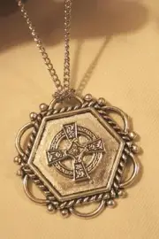 Handsome 6-Sides Sloped Rim Textured Ringed Cross Silvertone Pendant Necklace