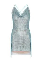 Poster Girl Adrianne Blue Embellished Chainmail Mini Dress - Light Blue - S S