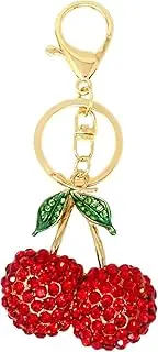 [Generic] 1PCS Rhinestone Cherry Keychain Sparkling Fruit Cherry with Leaves Keyring for Bag Purse Wallet Cellphone or Car Pendant, Red