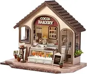 TuKIIE DIY Miniature House Kit with Furniture, 1:24 Scale Creative Room Mini Wooden Dollhouse Book Nook Plus Dust Proof & Music Movement for Kids Teens Adults(Leisurely Bakery)
