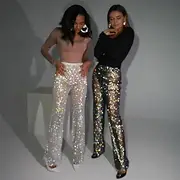 Metallic Sparkle Pants Sheer Mesh Rhinestone Cover Up Disco Solid Color Women's Party Club Pride Parade Adults' Pants