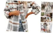 Women's Flannel Plaid Shacket Long Sleeve Button Down Shirts Medium Khaki Grey