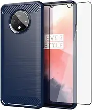 Asuwish Phone Case for OnePlus 7T with Tempered Glass Screen Protector Cover and Slim Soft Cell Accessories Protective OnePlus7t 5G One Plus7T 1 Plus T7 1plus + 1+ 1+7T Women Men Carbon Fiber Blue