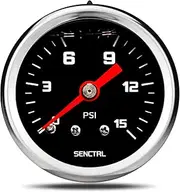 SENCTRL 0-15 Psi Fuel Pressure Gauge, 1-1/2" Black Dial, 1/8" NPT Back Mount, Silicone Oil Liquid Filled, Stainless Steel Case, Inline Low Pressure Gauge