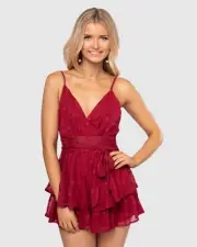 PILGRIM Polka Dot Macy Tie Zip Playsuit Wine Burgandy Size 14 BRAND NEW