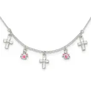 Sterling Silver Polished White & Pink Enameled Cz Cross And Angels Children'S Necklace