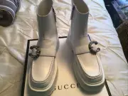 NEW W/B/T GUCCI WOMEN’S WHITE HUNDER LEATHER PLATFORM BOOTS G 40 US 10