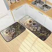 XYMZR Kitchen Mat White Floral Owl Tree for Floor, 2 Piece, Non Slip Washable Kitchen Rugs for Kitchen & Home Decor, Sink, Bathroom 19.7” x 27.6” + 19.7” + 47.2”