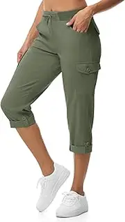 [BGOWATU] Women's Capris Lightweight Cargo Hiking Pants with 6 Pockets Quick Dry Summer Outdoor Casual Travel Roll Up Pants