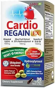 LABO Nutrition CardioREGAIN EX – Ubiquinol CoQ10 Supplement with Kaneka QH 150mg, Olive Fruit Extract (25% Hydroxytyrosol), Krill Oil – Heart, Cellular Energy, Liposomal Absorption, Non-GMO, Soy-Free