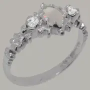 Solid 10k White Gold Natural Opal & Diamond Womens Trilogy Ring - Sizes 4 to 12