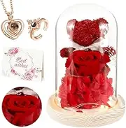 SlowTon Preserved Rose Gifts for Women, Lighted Eternal Flower Rose Box with Glass Dome, I Love You Necklace and Ring, Romantic Gifts for Mom Wife Sister Grandma on Mother’s Day Valentines Anniversary
