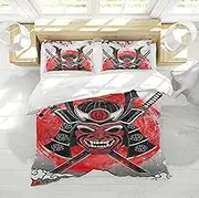 Retro Duvet Cover Set 3 Pieces Japanese Ukiyo-e Seal Samurai Red Sun Plum Blossom Microfiber Bedroom Bedding Set with 2 Pillow Shams Single